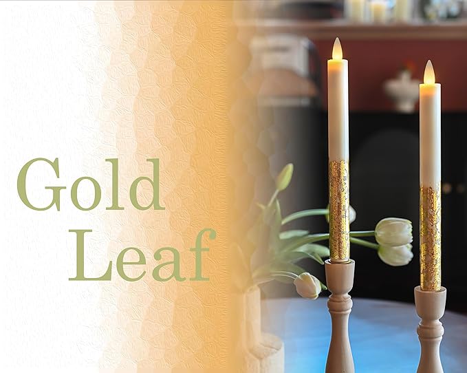 Flameless Taper Candles Flickering with Remote and Timer, 3D Moving Flame Taper Candle Battery Operated to 400 Hours, 9 Inch Window Candles, (Gold Leaf)