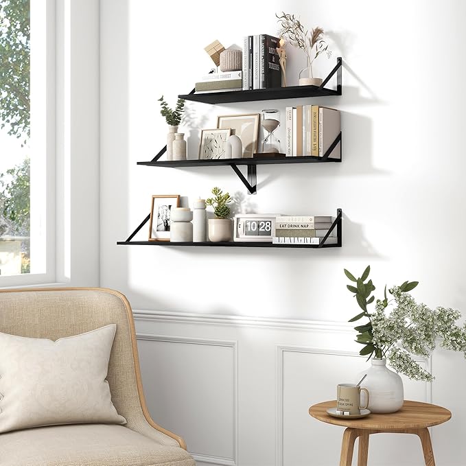 Fun Memories Deep Floating Shelves for Wall, 24W x 8D Wall Mounted Shelves Set of 2, Wide Display Ledge Shelf with Sturdy Metal Brackets for Living Room, Bathroom, Bedroom and Kitchen, Black