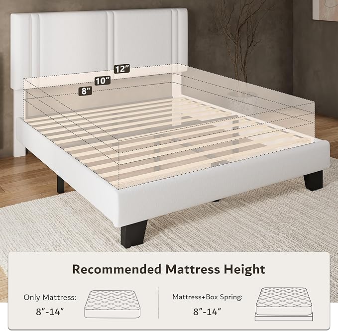 iPormis Full Platform Bed Frame with Velvet Upholstered Headboard & Thickened Legs, Mattress Foundation w/Solid Wooden Slats Support, Noise Free, No Box Spring Needed, White