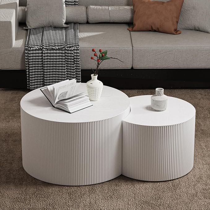 Round Nesting Coffee Table Set of 2, Round Fluted Coffee Tables for Living Room Modern Nesting End Side Tables for Small Spaces (C White)