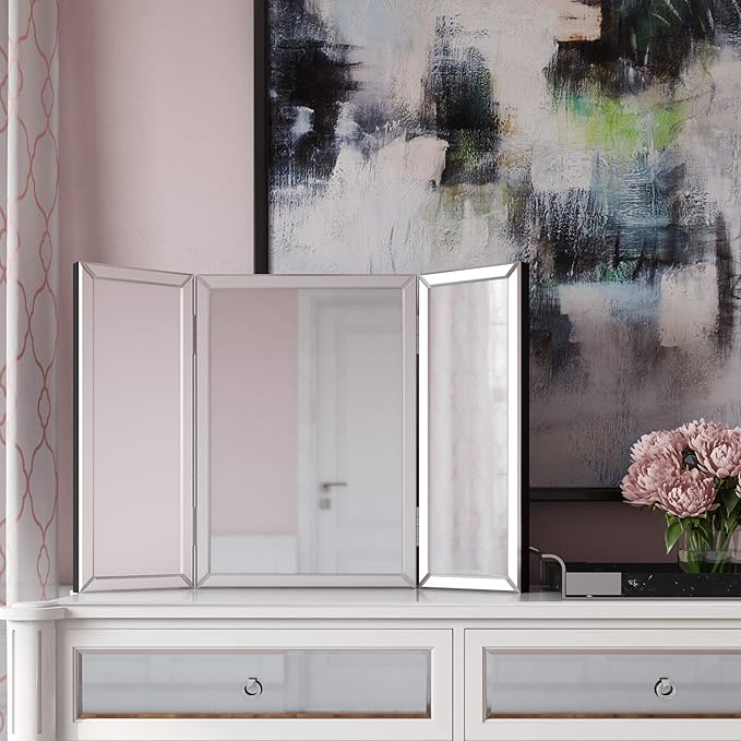 Howard Elliott Tripoli Trifold Vanity Mirror 3 Way TableTop Bedrooms, Bathroom, Makeup Portable Cosmetic & Makeup Mirror with Beveled Edges Tri-fold Mirror, 31 Inch x 21 Inch