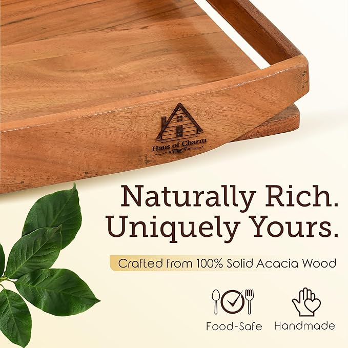 Solid Acacia Wood Tray - Large Breakfast in Bed & Coffee Table Wooden Tray - Food-Safe, Gift-Ready Packaging - Complimentary Rubberwood Catchall - 17x13