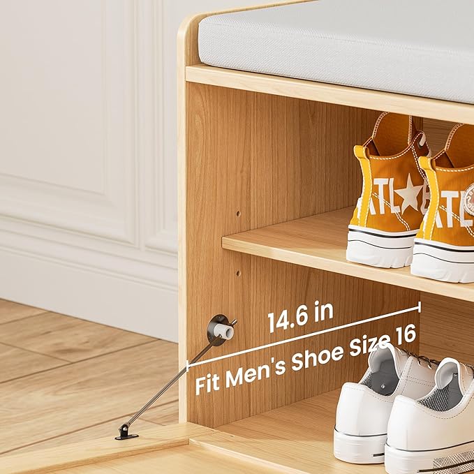 MHOM Rattan Shoe Bench for Entryway, Hallway and Bedroom - Boho Bench with Storage Cabinets and Seat Cushion - Wooden Storage Bench Fits up to Size 16 - Natural Oak