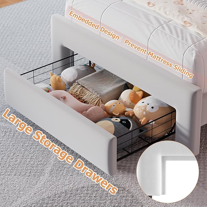 Twin Upholstered LED Bed Frame with Storage Drawer and Adjustable Chic Double Wavy Headboard, Velvet Princess Platform Bed for Girls/Kids, Solid Wood Slats Support, No Box Spring Needed, Grey