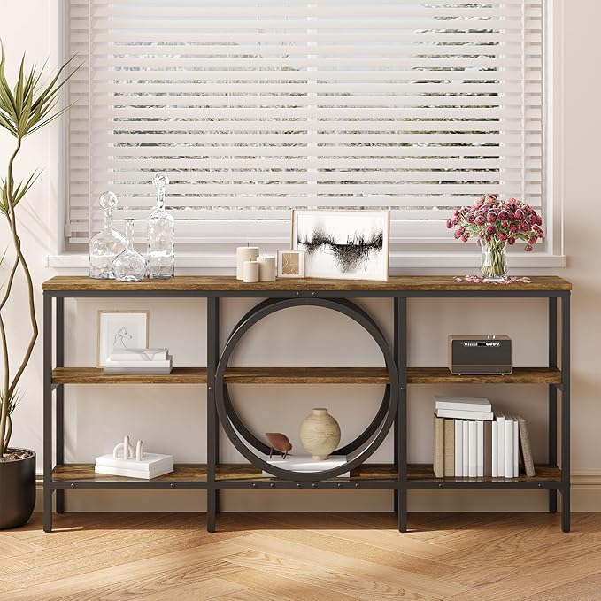 66.9 inch Console Table, 3 Tier Sofa Tables Narrow Long Wood Farmhouse Console Table with Storage Industrial Foyer Tables for Entryway, Hallway, Living Room (Vintage Brown+Black)