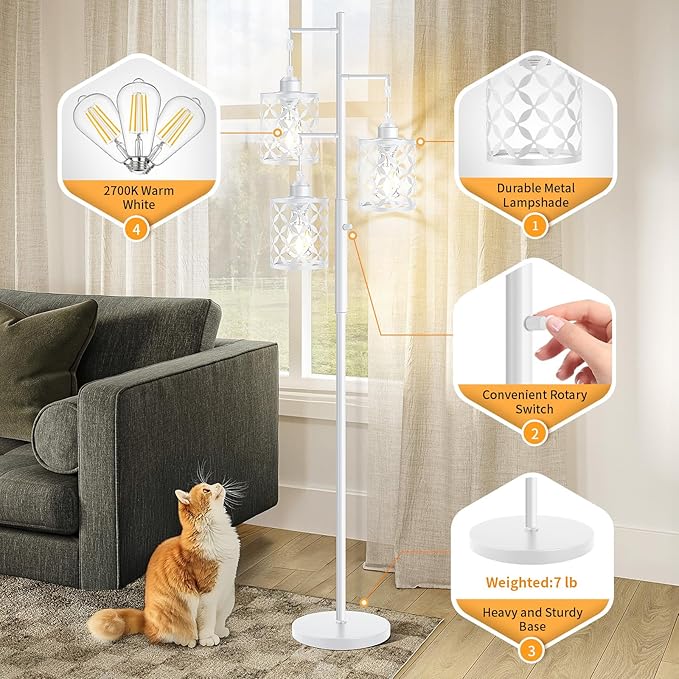 【Upgraded】72" Tall Dimmable Floor Lamp, Modern Standing Lamp with Elegant Metal Cages, Industrial Tree Floor Lamps for Living Room, Bedroom, Study Room, Office (3 x 800LM LED Bulbs Included) - White