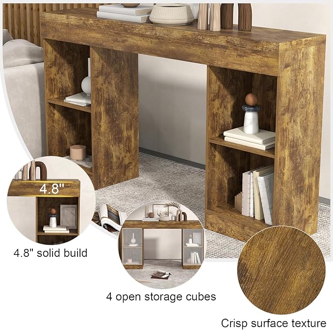 55 Inches Console Table,4 Cubes Narrow Entryway Table,3 Tier Wood Behind Couch Sofa Table,TV Console with Storage for Living Room,Hallway,Entrance,Foyer (Bright Brown)