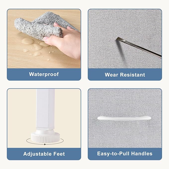 DUMOS Nightstand with 4 Drawers Bedside Table with Removable Fabric Bins Sturdy Steel Frame Wood Top Organizer Furniture for Bedroom Closet Living Room,Light Gray