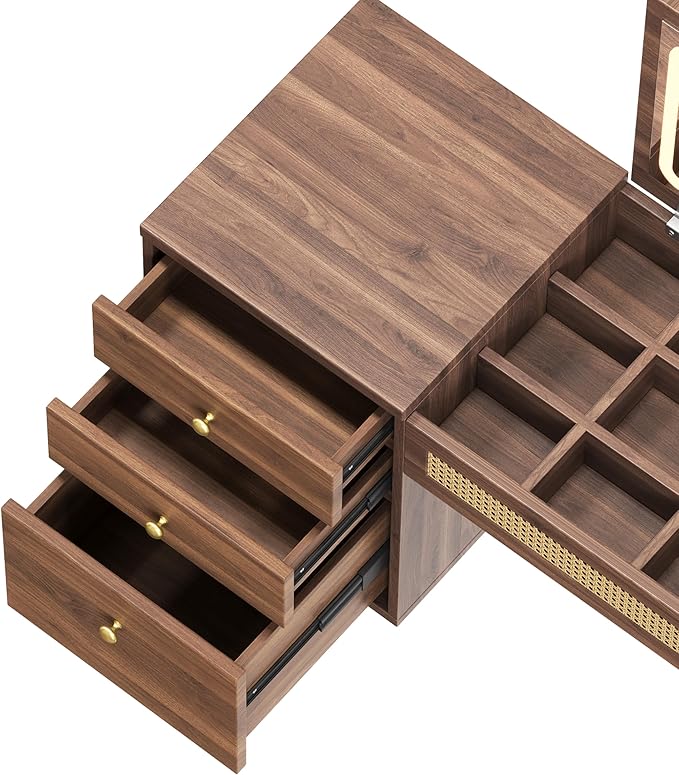 Merax 39" Retro Bohemian Style Vanity Desk, Makeup with Mirror & LED Lights, 3 Drawers & 10 Compartments Storage Dressing Table with Flip-Top Tabletop, Walnut