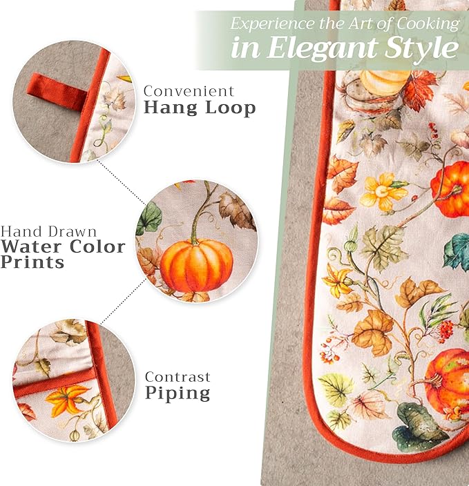Maison d' Hermine Double Oven Mitt (7" x 35") 100% Cotton Heat Resistant BBQ Cooking Gloves with Loop for Thanksgiving Christmas Decorations Baking Cooking Barbeque Handling Hot Pan (Potiron)