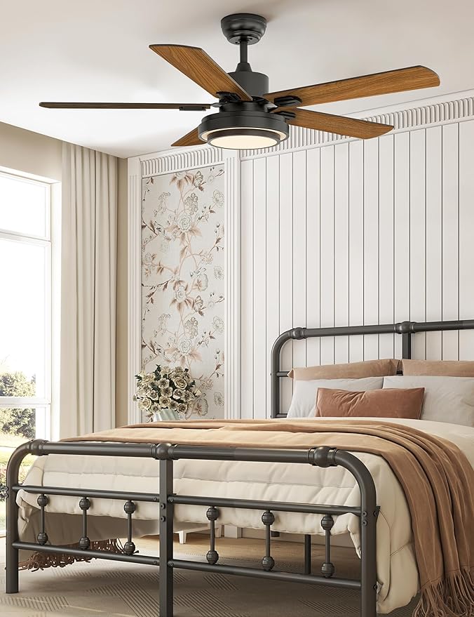 warmiplanet Ceiling Fans with Lights and Remote Control, 52 Inch, 6 Speeds Reversible DC Motor, 3 Color Dimmable Light, Timer, Noiseless, Black/Dark Walnut, 5 Blades, 2 Pack