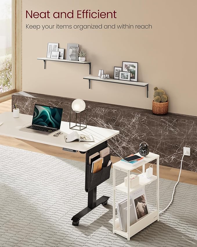 VASAGLE Side Table with Charging Station, Narrow End Table, 3-Tier Nightstand, Sofa Table for Small Spaces, Magazine Rack, for Living Room, Bedroom, Study, Cream White ULET335W01