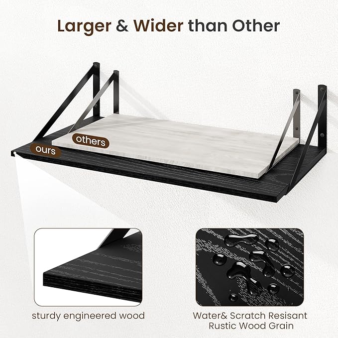 Fun Memories Floating Shelves for Wall, 12 Inch Deep Floating Shelves Set of 2, 55W x 12D Large Wall Shelf with Sturdy Metal Brackets for Living Room, Bathroom, Bedroom and Kitchen, Black