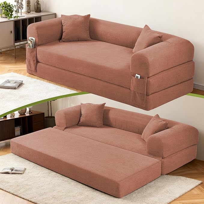 Convertible Futon Sofa Bed,80" Folding Pull Out Couch Bed with Pillows & Storage Pocket, Oversized Queen Sleeper Sofa in a Box,Corduroy Boneless Couch for Living Room,Pink