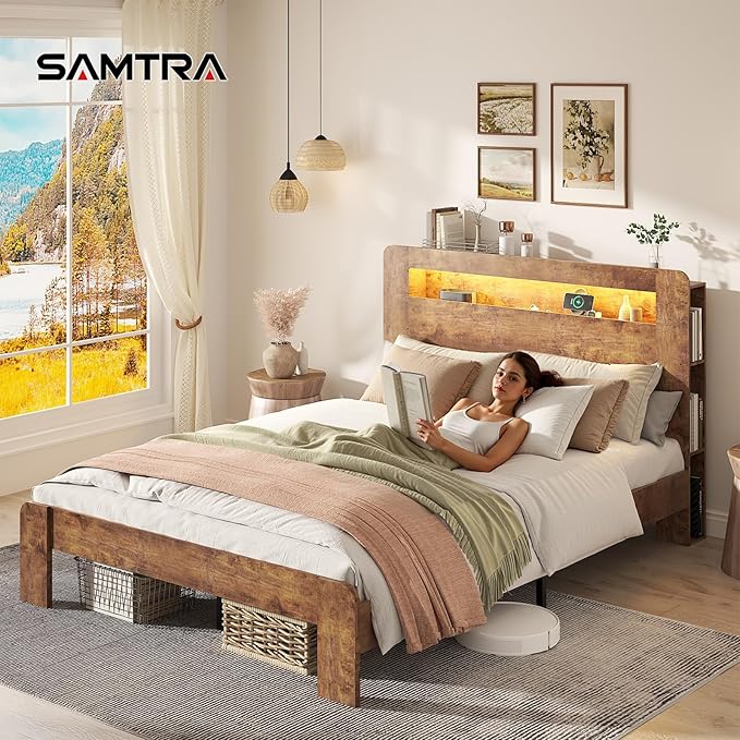 Wooden Bed Frame Queen Size with Headboard, Farmhouse Platform Bedframe with Metal Slat Support, Sturdy Framework Bed Frame, Easy Assembly (Rustic Brown LED)