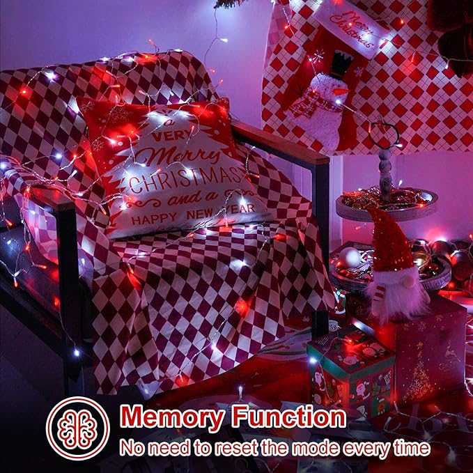 QITONG Red and White Christmas Light Outdoor Waterproof, 165ft 500 LED Clear Wire String Lights Plug-in, 8 Modes Christmas Tree Light Indoor