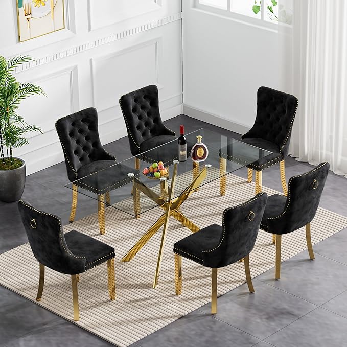 Goujxcy Glass Dining Table Set for 6, Modern Kitchen Table and Chairs Set of 6, 7-Piece Kitchen Dining Room Table Set w/51 Glass Gold Dining Table and 6 Black Velvet Upholstered Chairs