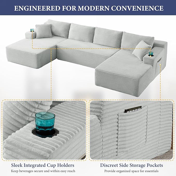 133" Couches for Living Room Deep-Seat Sectional Couch for Living Room Corduroy Boneless Couchs U-Shape Cloud Couch Flexible Modular Sectional Sofa with Chaise Lounge (Light Gray, with Cup Holder)