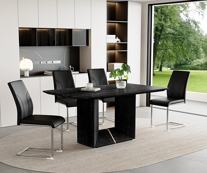 63" Modern Black Dining Table Set for 4 with Chairs, 5 Piece Rectangular Dining Room Table and 4 PU Leather Chairs, Kitchen Dining Set with Matte Wood Finish, Geometric Base, Easy Assembly