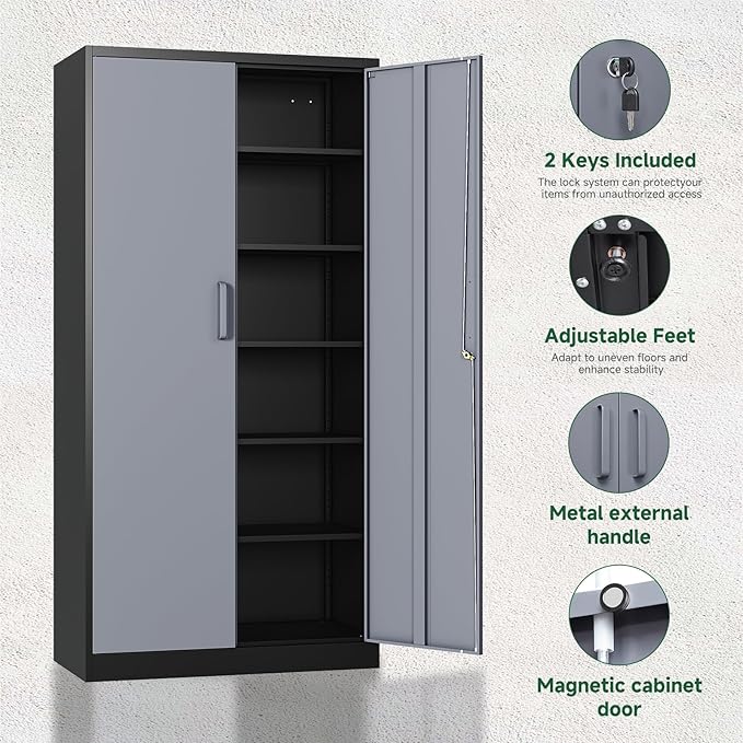 Letaya Metal Storage Cabinet with Lock Door and 5 Shelves,6 Tier Steel Garage Tool Cabinet for Home Office Utility Room 72" H X 36" W X18 D (Black Gray)