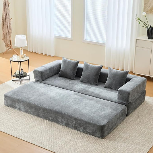 Convertible Floor Sofa Bed with Storage Pocket, Chenille Folding Mattress Sofa with Zipper Closure, Floor Lounge Couch for Living Room, Bedroom, Studio -Gray