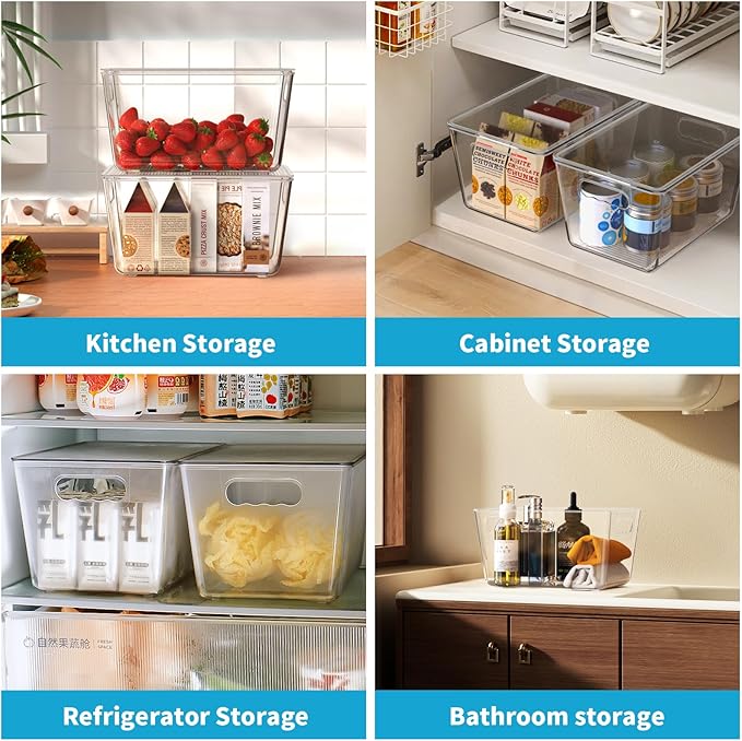 Clear Plastic Storage Bins, Pantry Organizers & Storage Containers, Cabinet Organizer, Home Organization Must Haves for Kitchen, Laundry Room, Office, Closet & Freezer (4 Pack with Lids)