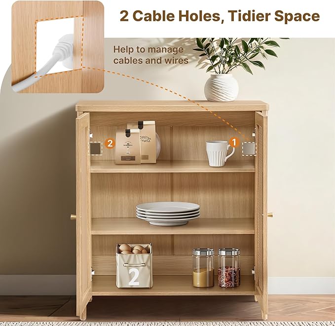 2 PCS Rattan Sideboard Buffet Cabinet 2 Door Boho Kitchen Storage Cabinet Accent Console for Living Room, Hallway, Kitchen, Sideboard, Buffet Table Natural Oak