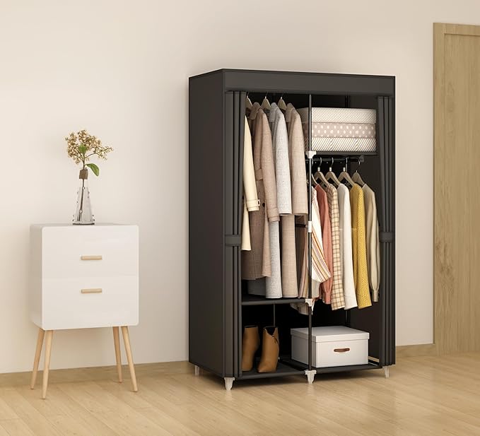 Portable Closet Wardrobe for Small Room, 35-Inch Clothing Organizer Storage Rack with 2 Clothes Hanging Rods and 4 Shelves, Non-Woven Fabric Cover, Black