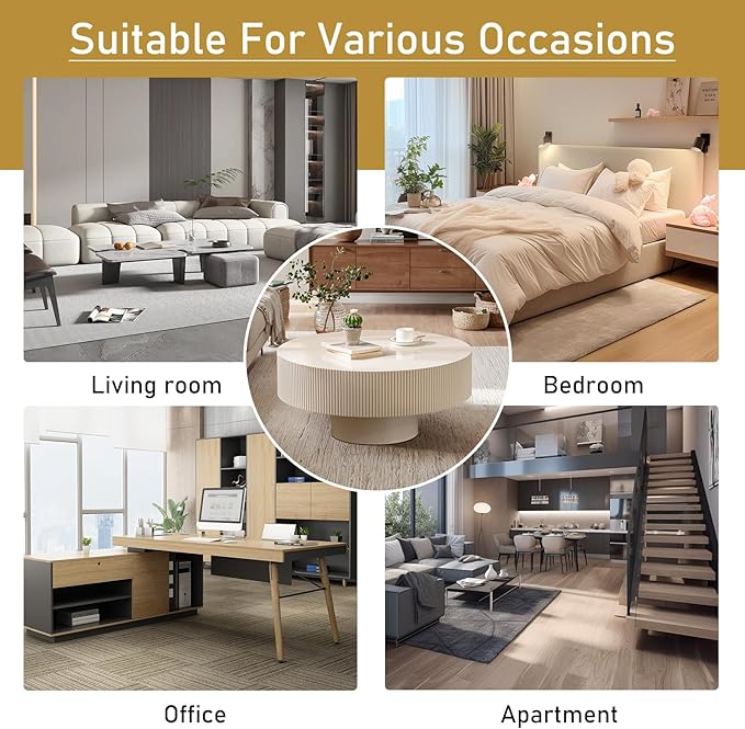 Round Drum Coffee Table 30.91" Handcrafted Fluted Drum Coffee Table Mid Century Accent Tables Modern Luxury Circle Center Table Vintage Farmhouse Center Table for Living Room (White Thick)