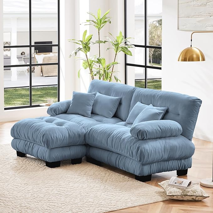 94.4" Loveseat Sofa, 2 Seater Modular Sectional Sofa, Blue Large L Shaped Sectional Couches for Living Room, Fluffy Chenille Fabric Cloud Couch with Ottoman