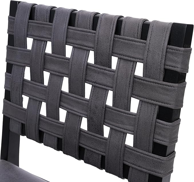 Woven Faux Leather Dining Chairs Set of 2, Farmhouse Upholstered Kitchen Chairs with Wooden Legs Armless Accent Side Chairs for Dining Room/Restaurant, Black