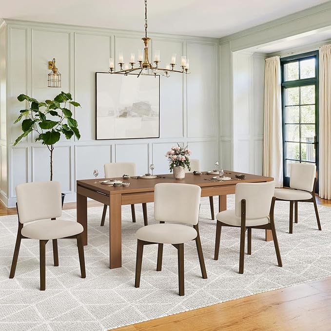 LUE BONA Wooden Dining Chairs Set of 6, Comfortable Wide Back Kitchen Side Chairs, Strong Thick Legs for Modern Farmhouse Dining Room, Linen Upholstered and Dark Brown Legs