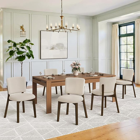 LUE BONA Wooden Dining Chairs Set of 6, Comfortable Wide Back Kitchen Side Chairs, Strong Thick Legs for Modern Farmhouse Dining Room, Linen Upholstered and Dark Brown Legs