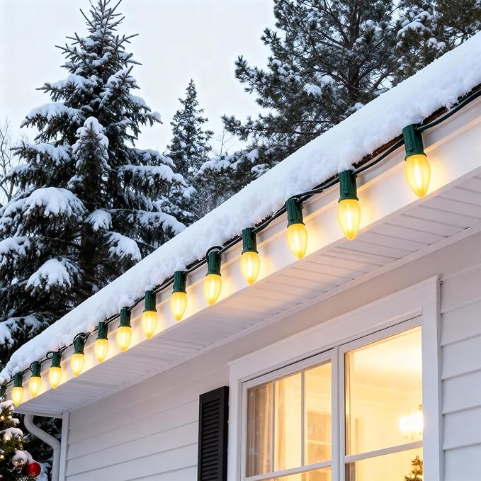 C7 LED Christmas Lights,25ft Frosted Christmas String Lights with 27 LED Frosted White Bulbs,Vintage Warm White Hanging Light for Outdoor Christmas Roofline Party Decorations