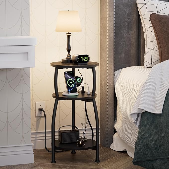 Round Side Table with Power Outlet & USB Ports, 3-Tier End Table with Storage Shelf, Modern Rustic Nightstand, Small Spaces Accent Table for Living Room Bedroom, Easy Assembly, Black