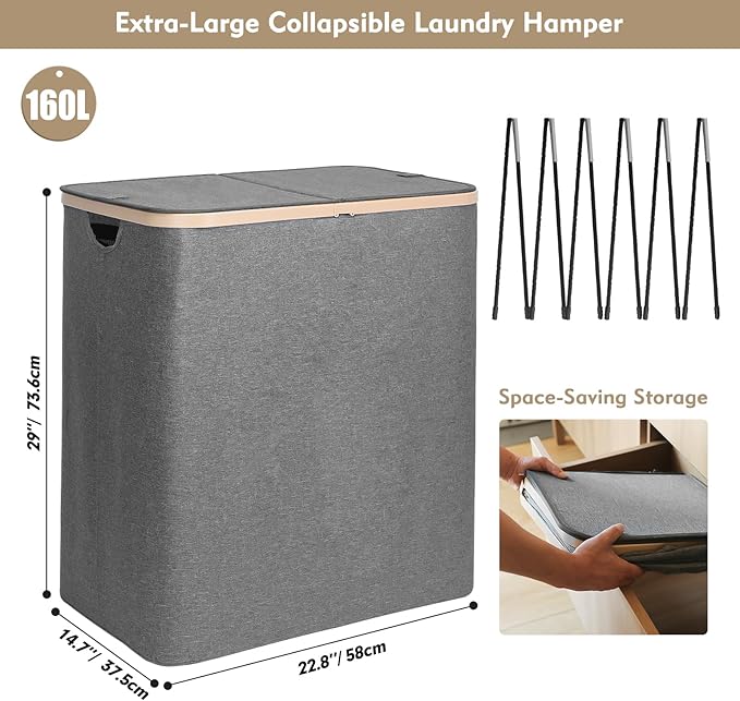 DOKEHOM 160L Double Laundry Basket with Removable Lid and Laundry Bags, Large Collapsible Laundry Hamper with 2 Sections (Grey)
