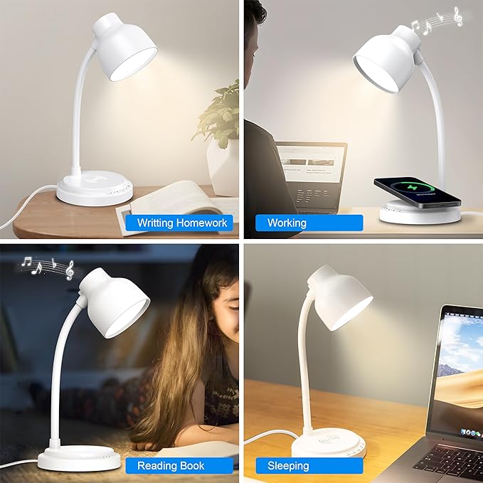 LED Desk Lamp for Office Home,Table lamp with Bluetooth Speaker&15W Wireless Charger,Desk Lamp for College Dorm Room,4 Brightness,Dimmable Table Lamp Eye Caring Reading Light(White)