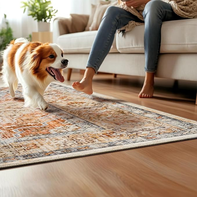 8x10 Area Rugs for Living Room Washable Non Slip Boho Modern Large Rugs Soft Faux Fur Low Pile Stain Resistant Vintage Euro Floral Big Carpet Rug for Bedroom Dining Room Family Room Fall Decor,Orange