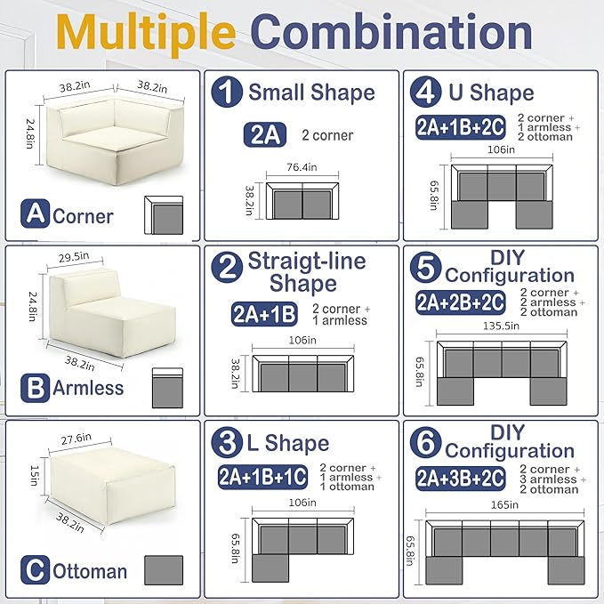 38“ Modular Sectional Sofa Convertible Cube Couch Seat Set, Combine L-Shaped U-Shaped, Free Assembly, Space-Saving for Living Room, Thick Foam Fabric Chenille Beige White (Only Corner)