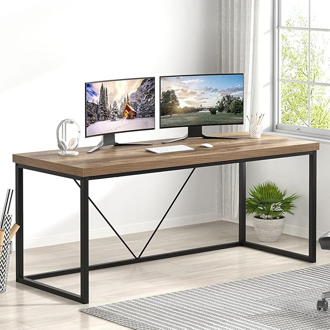 FOLUBAN Industrial Computer Desk, Rustic Wood and Metal Writing Desk, Vintage PC Table for Home Office, Oak 60 inch