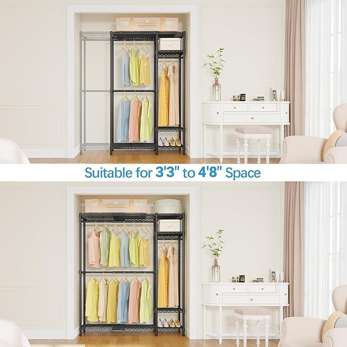 VIPEK X20 Expandable Metal Clothing Rack Adjustable from 3'3" to 4'8" Heavy Duty Garment Racks with Adjustable Shelves and Hanger Rods Portable Wardrobe Open Closet Rack System, Black