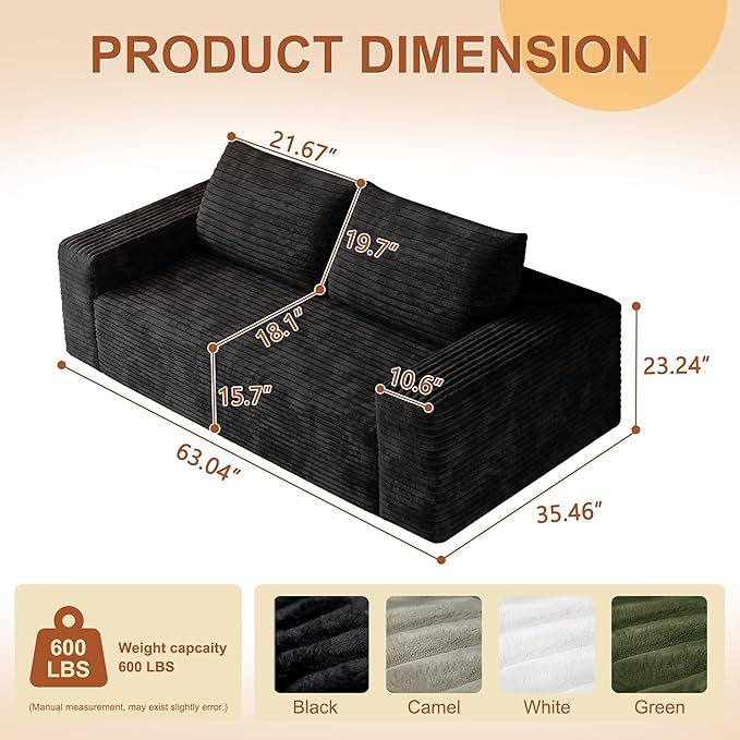 63" Corduroy Loveseat Sofa, 2-Seater Cloud Couch, Boneless Couch in a Box, Comfy Deep Seat Sofa with Memory Foam, Pillows and Wide Armrests, Modern Small Couches for Small Spaces, No Assembly (Black)