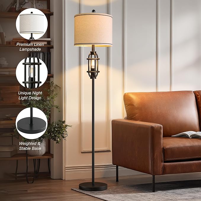 62.5" Floor Lamp for Living Room Industrial Black Standing Tall Lamps for Bedroom Mid Century Modern Corner Floor Lamps for Office Nursery Reading Light Room Lamp, Bulbs Included