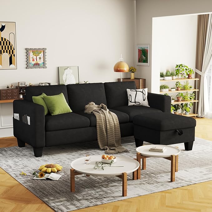 ZeeFu Convertible Sectional Sofa Couch: Classic 3 Seat L-Shaped Sectional Sofa Couches with Storage Ottoman - Modern Black Velvet Upholstered Sofa Set for Living Room Office Small Space Apartment