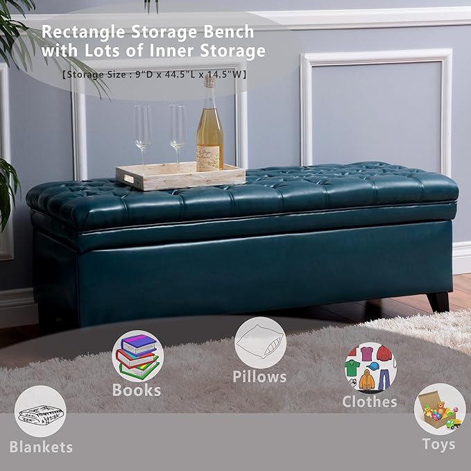 Setawix PU Leather Storage Benches for Bedroom,50" Bed End Bench with Storage,Tufted Teal Storage Ottoman Bench for Living Room,Rectangle Entryway Benches with Storage and Seating (Teal, PU Leather)