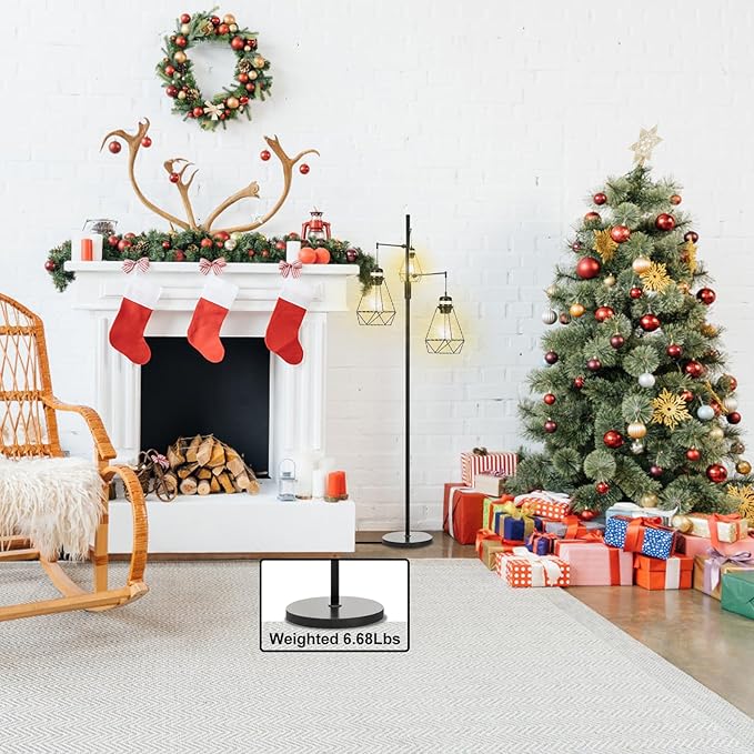 NUNET Boho Industrial Farmhouse Floor Lamp with Stepless Dimming & 3 Adjustable Cage Shades - Vintage Rustic Tall Standing Light for Living Room/Office, Includes Edison Bulbs, Weighted Base