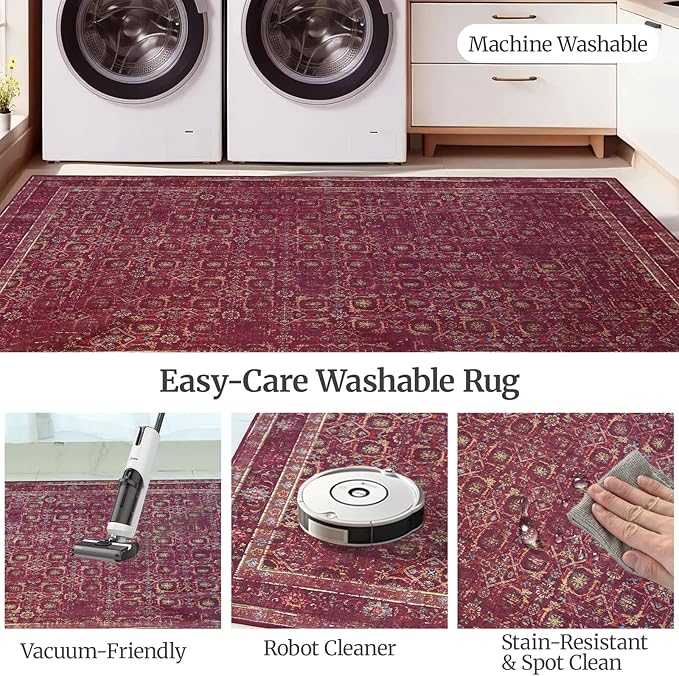 8x10 Soft Washable Area Rugs for Living Room and Bedroom, Non-Slip Stain Resistant Indoor Carpet, Cozy Floor Mat for Dining Room, Office, Under TableStain Resistant Persian red Floral