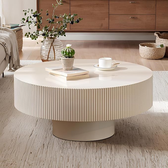 Round Drum Coffee Table 30.91" Handcrafted Fluted Drum Coffee Table Mid Century Accent Tables Modern Luxury Circle Center Table Vintage Farmhouse Center Table for Living Room (White Thick)