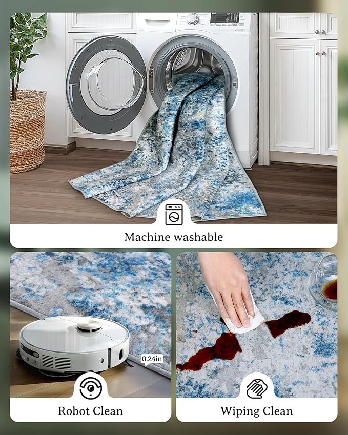 Area Rug for Living Room: 10x14 Washable Neutral Abstract Rug for Bedroom Modern Soft Dining Room Rug No Slip Low Pile Carpet for Nursery Home Office Decor - Grey/Blue