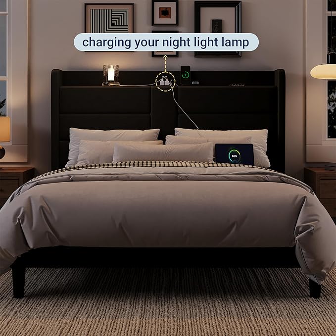 Allewie Queen Size Platform Bed Frame with Charging Station & Storage Headboard, Upholstered Velvet Wingback Design & USB Port, Strong Wooden Slats Support, No Box Spring Needed, Easy Assembly, Black